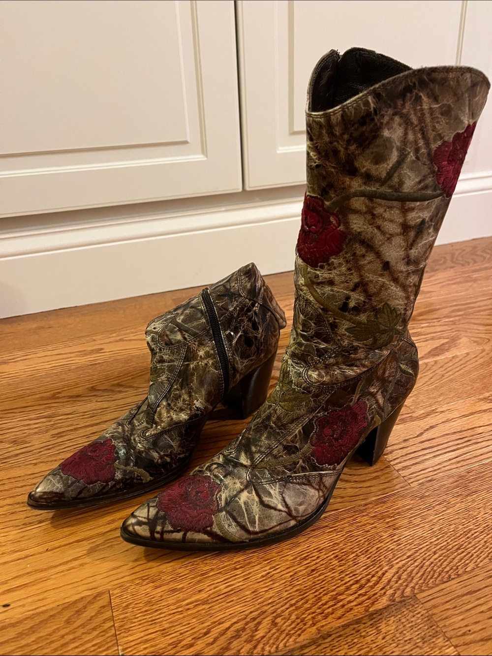Baldinini Brown Distressed Leather Heeled Boots with Red Rose Embroidery
